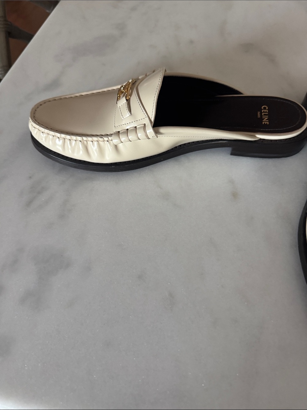 Celine Cream Leather Backless Loafer Slides with Gold Emblem - Picture 2 of 6